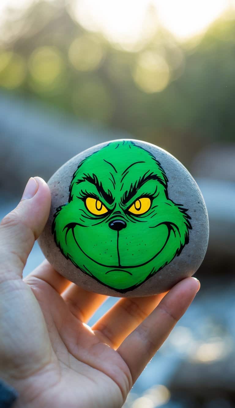 A hand holding a smooth river rock painted with a green Grinch face with yellow eyes.