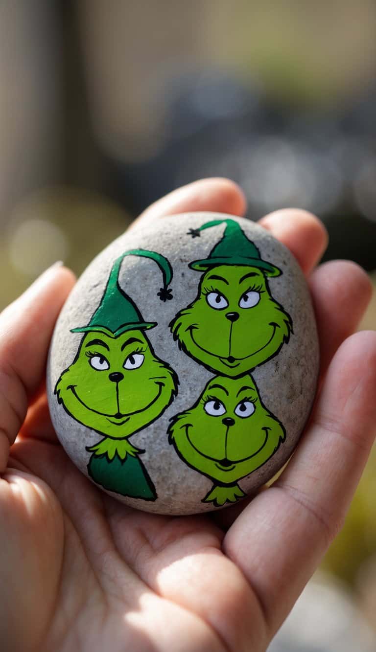 Hand holding a smooth round rock painted with green faces inspired by Whoville carolers and the Grinch.