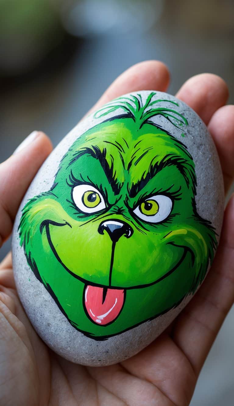 A hand holding a smooth river rock painted with a playful Grinch face sticking out his tongue.