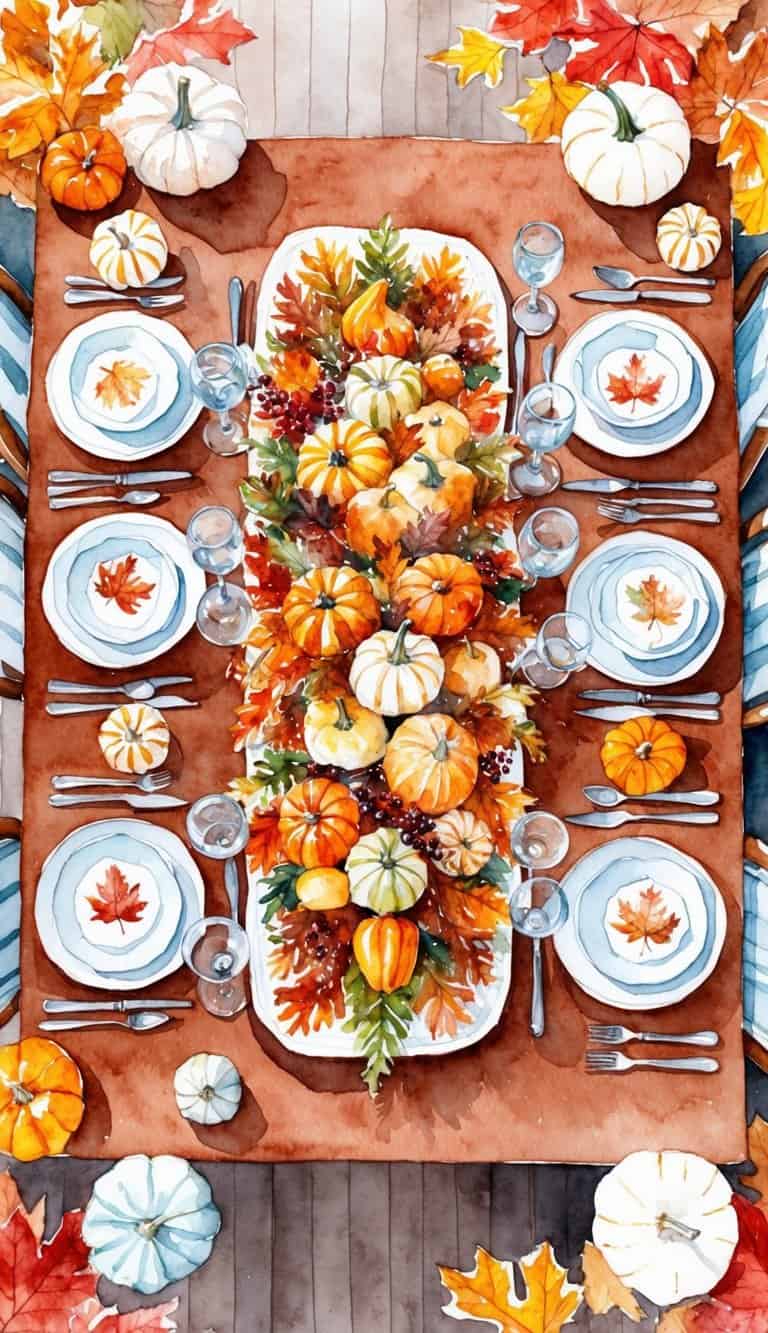 A fall-themed dining table set for six, decorated with small pumpkins, autumn leaves, and a centerpiece of gourds and foliage.