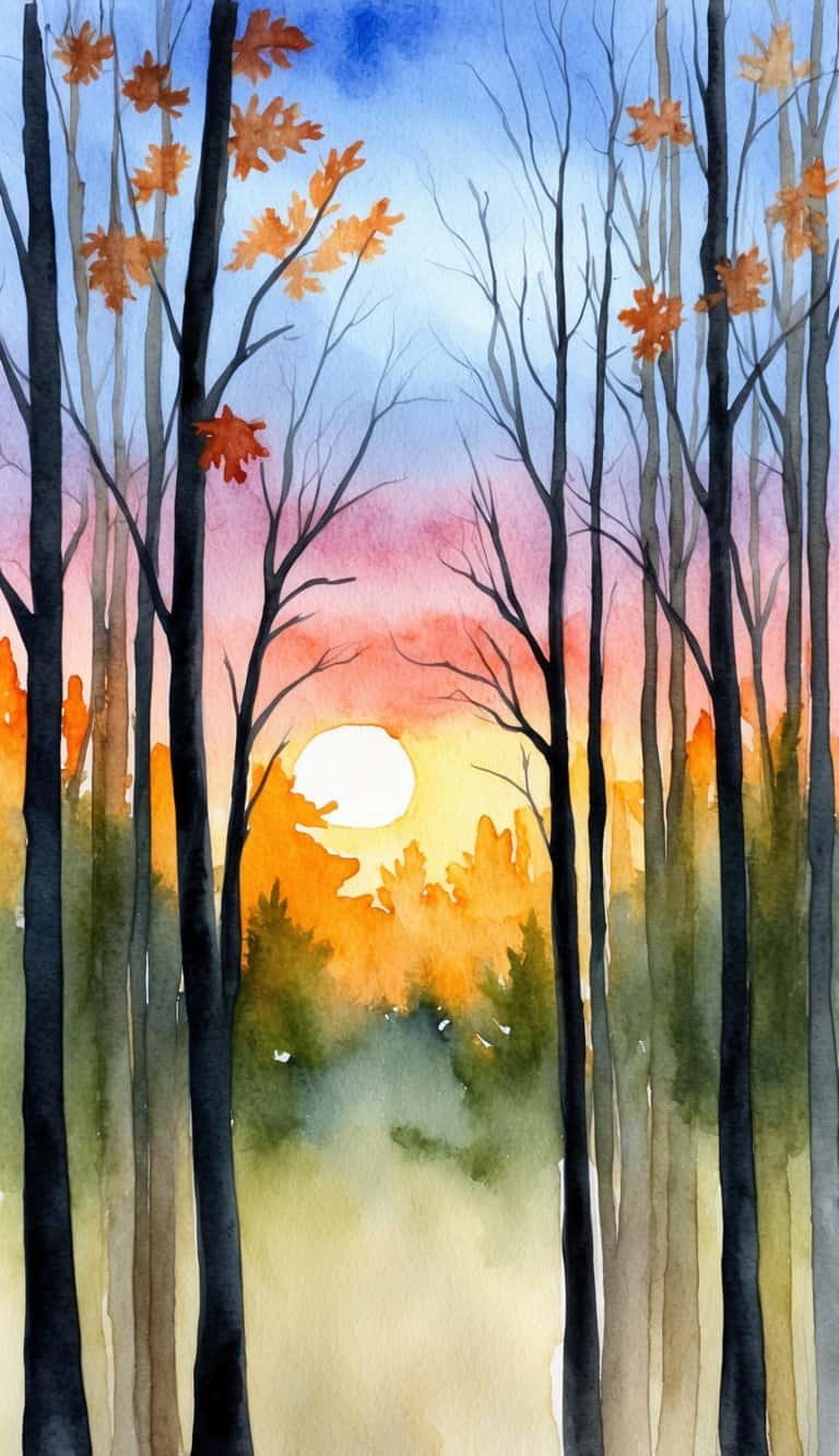 A serene forest scene with silhouetted autumn branches against a sunset sky