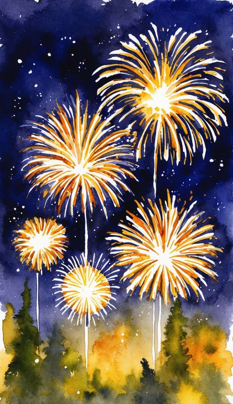 A vibrant display of golden fireworks illuminating the night sky