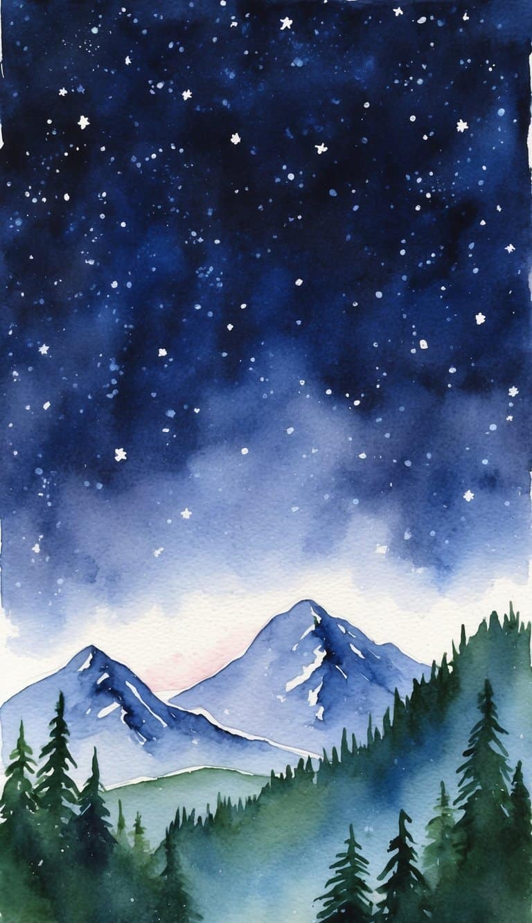 A serene night sky with towering mountains, illuminated by a blanket of twinkling stars