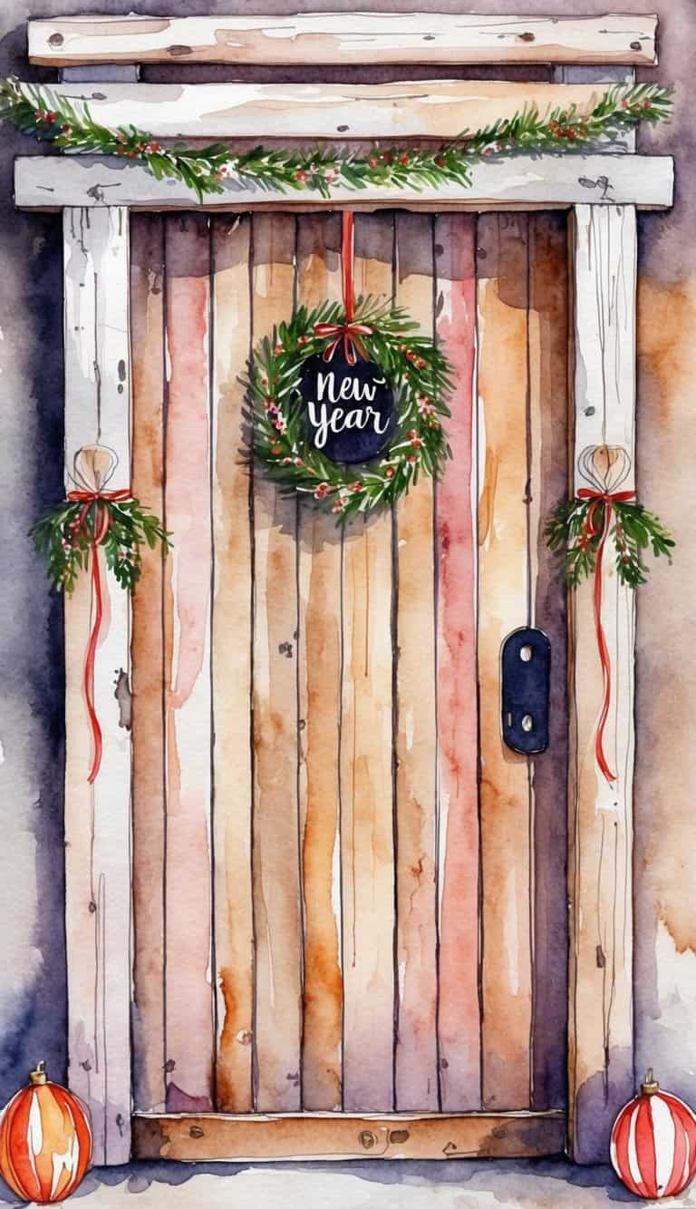 A rustic barn door adorned with New Year iPhone wallpapers