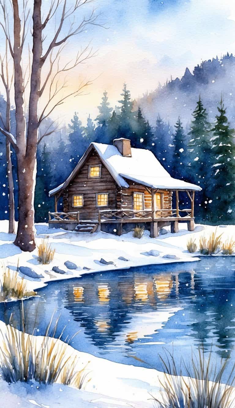 A rustic cabin nestled by a serene lake, surrounded by snow-covered trees and a peaceful New Year's ambiance