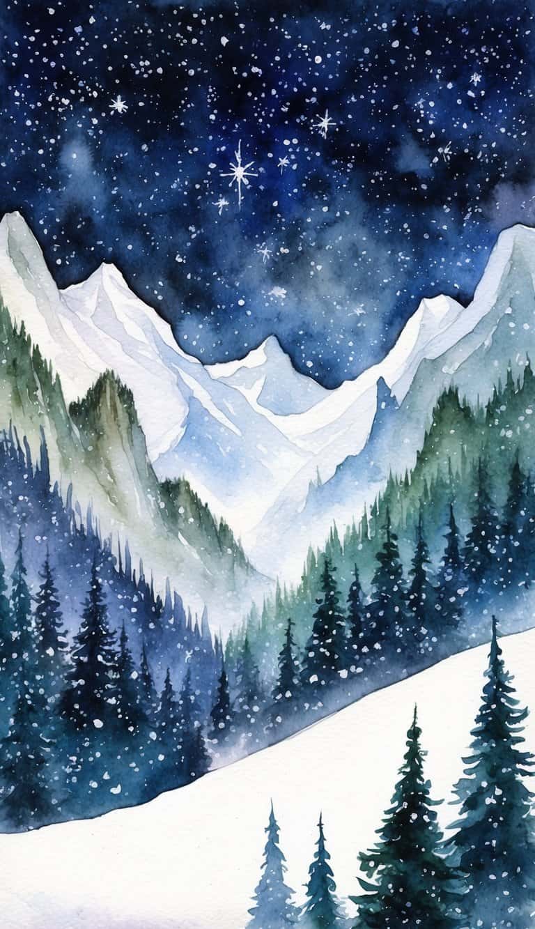 A magical snowfall blankets a fantasy landscape of towering mountains and ancient forests under a starry New Year's night sky