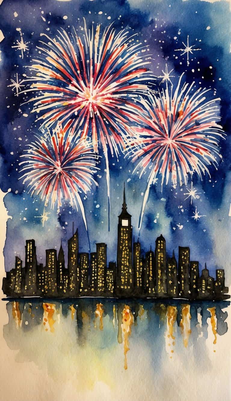 Watercolor illustration of a city skyline at night with fireworks bursting in the sky above and colorful reflections in the water below.
