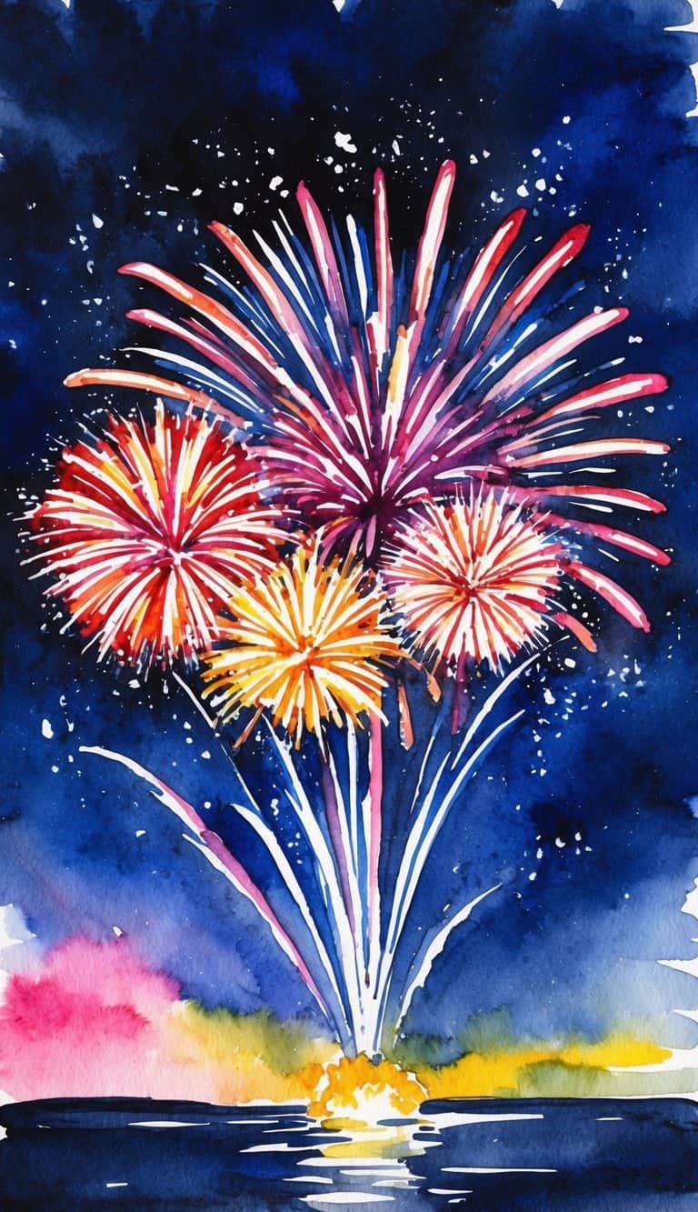 Vibrant fireworks bursting in the night sky, creating a colorful and dynamic display