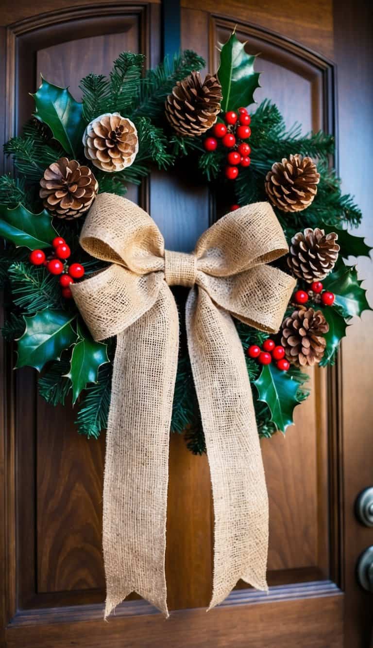 A rustic burlap bow wreath hangs on a wooden front door, surrounded by pinecones, holly, and red berries