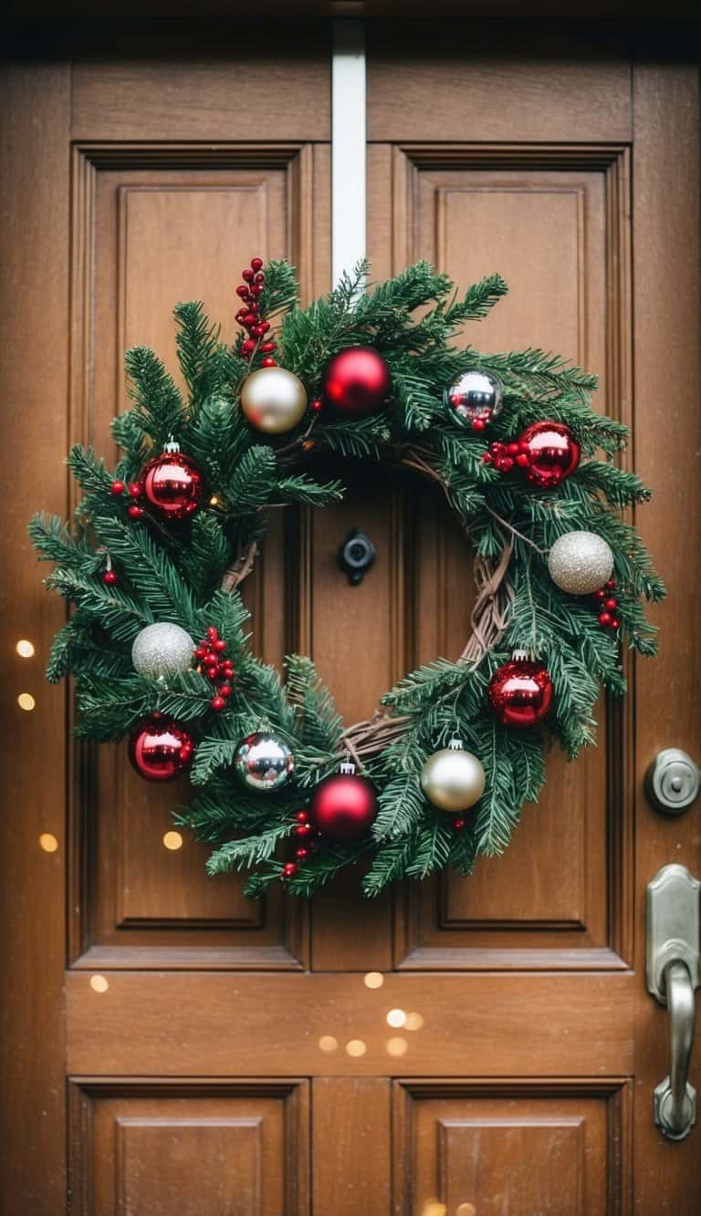 A grapevine wreath adorned with festive Christmas decorations hangs on a rustic front door