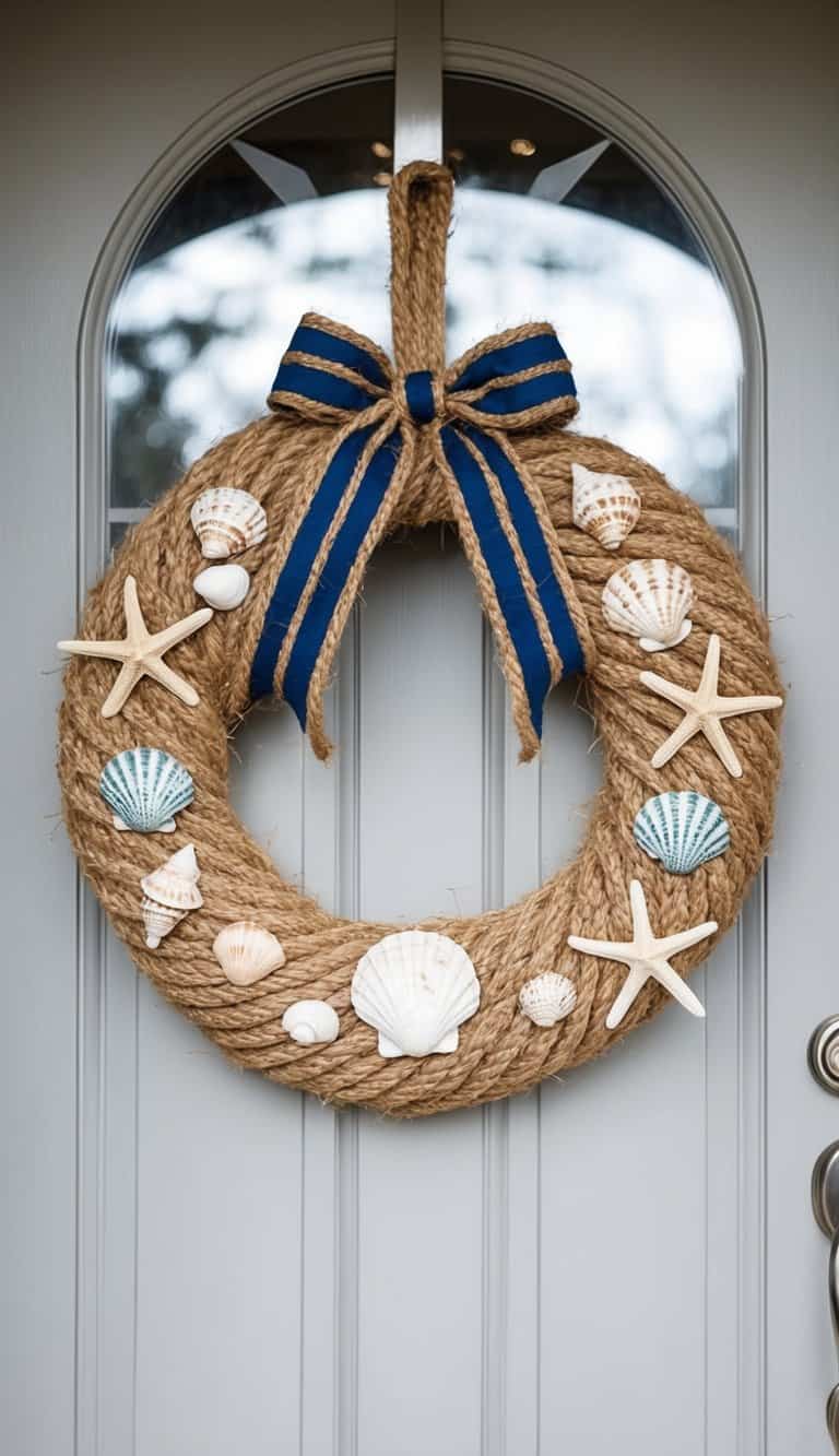 A nautical wreath made of sisal rope hangs on a front door, adorned with seashells, starfish, and a festive bow
