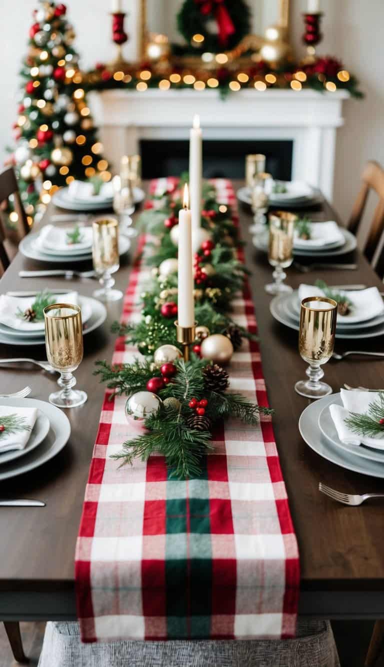 A plaid table runner adorns a table set with elegant Christmas decor, creating a festive and inviting tablescape