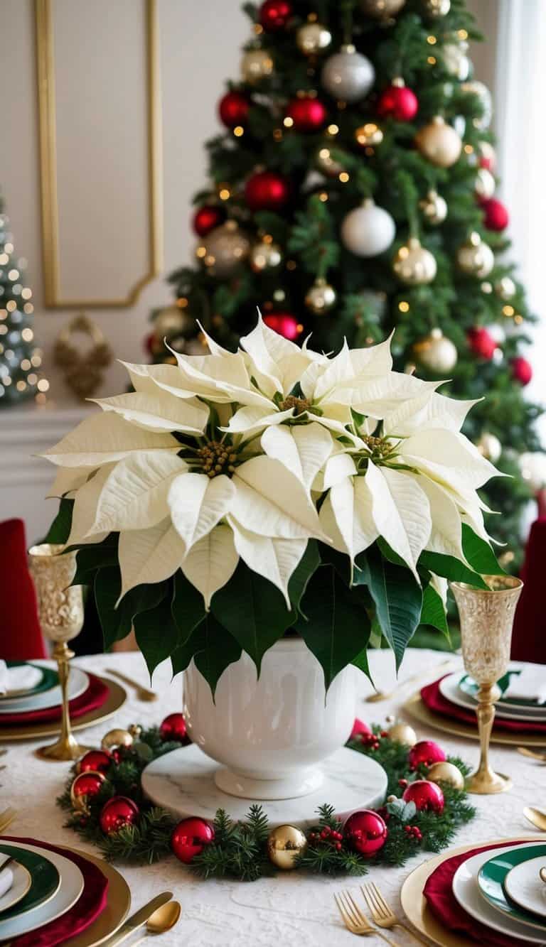 A white poinsettia centerpiece sits atop a festive holiday table, surrounded by elegant Christmas decor