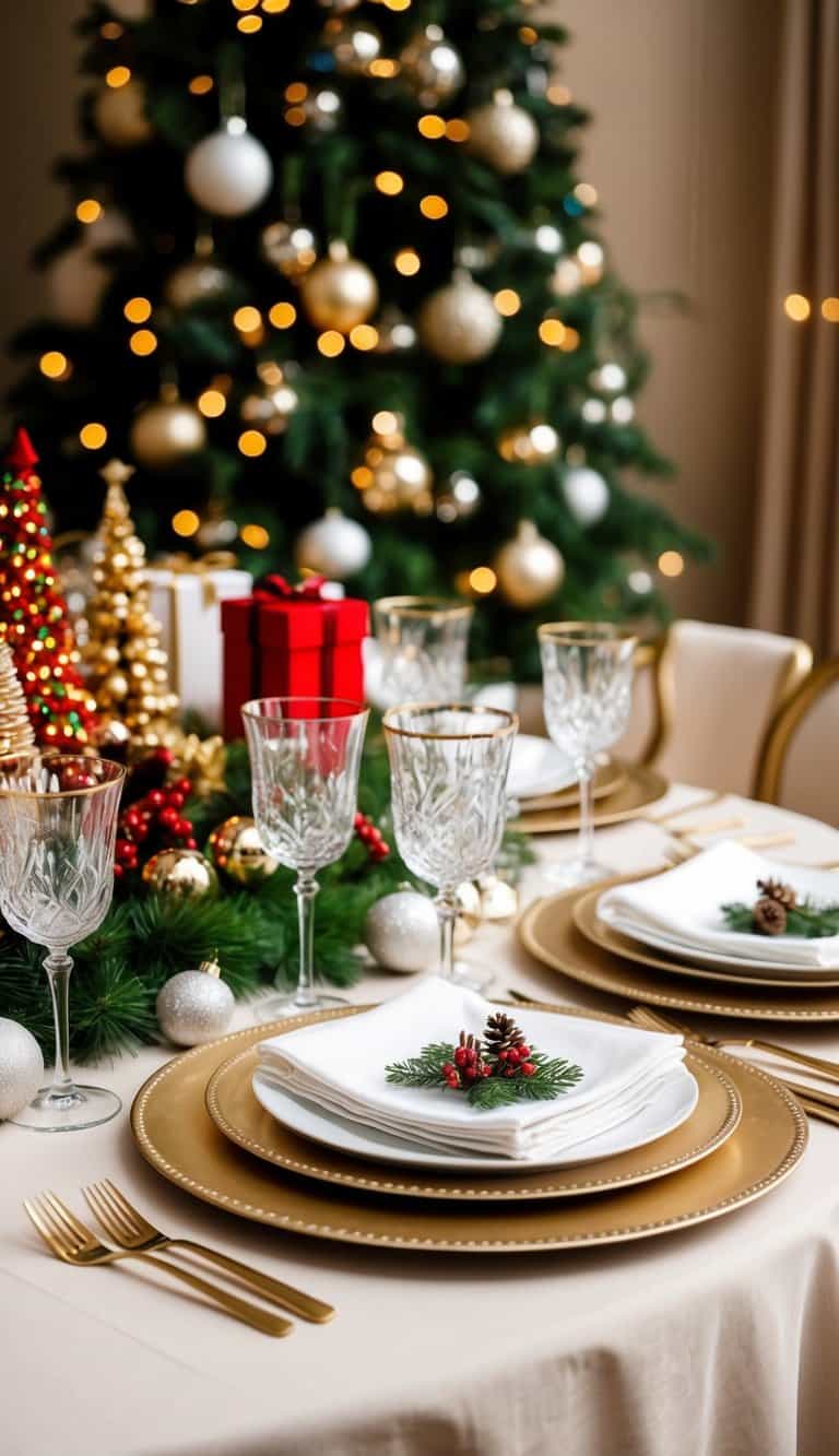Elegant holiday table setting with gold-rimmed plates, crystal glasses, festive decorations, and a Christmas tree with lights and ornaments in the background.