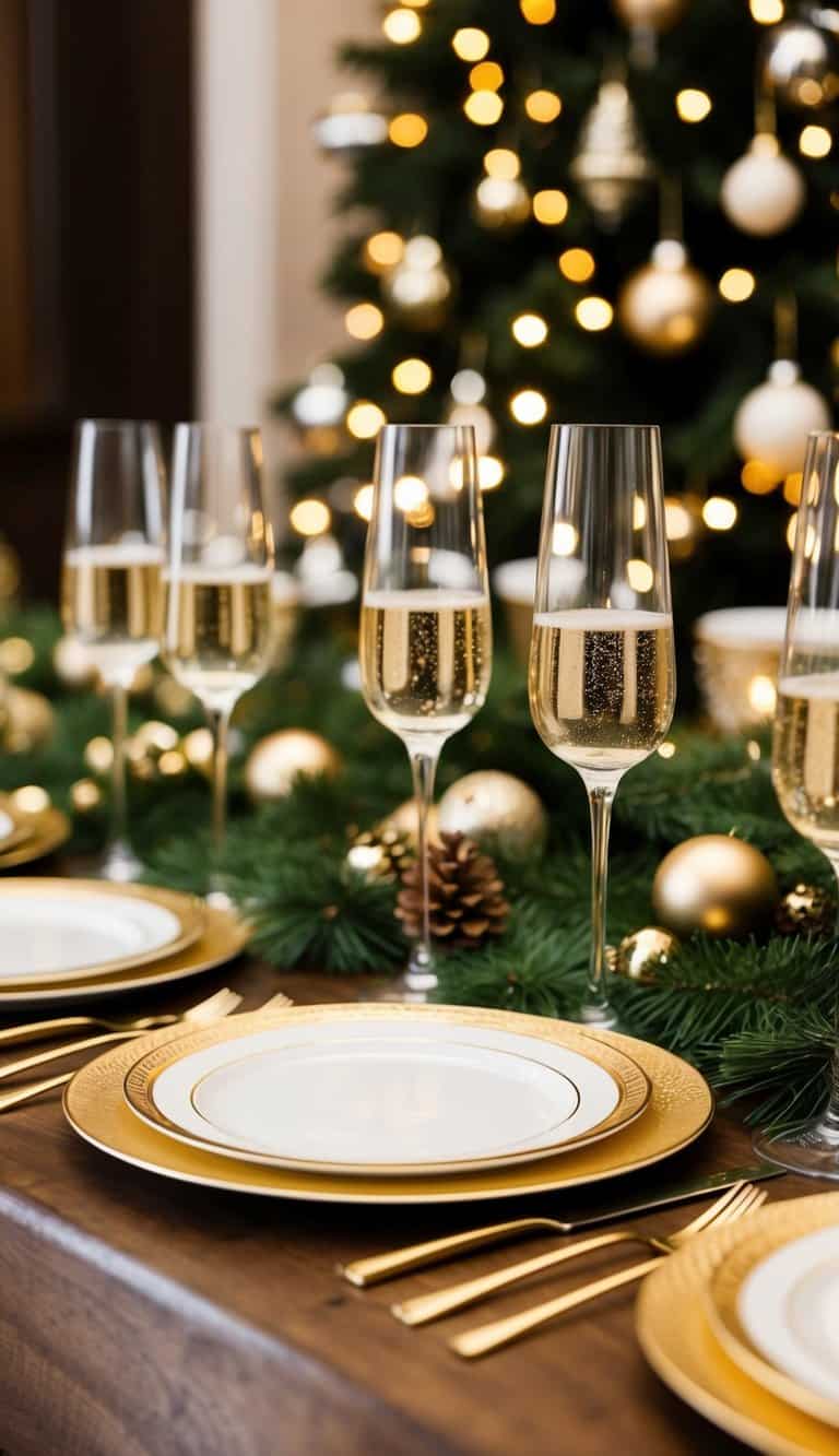 A table set with gold-rimmed champagne flutes, surrounded by elegant Christmas decor