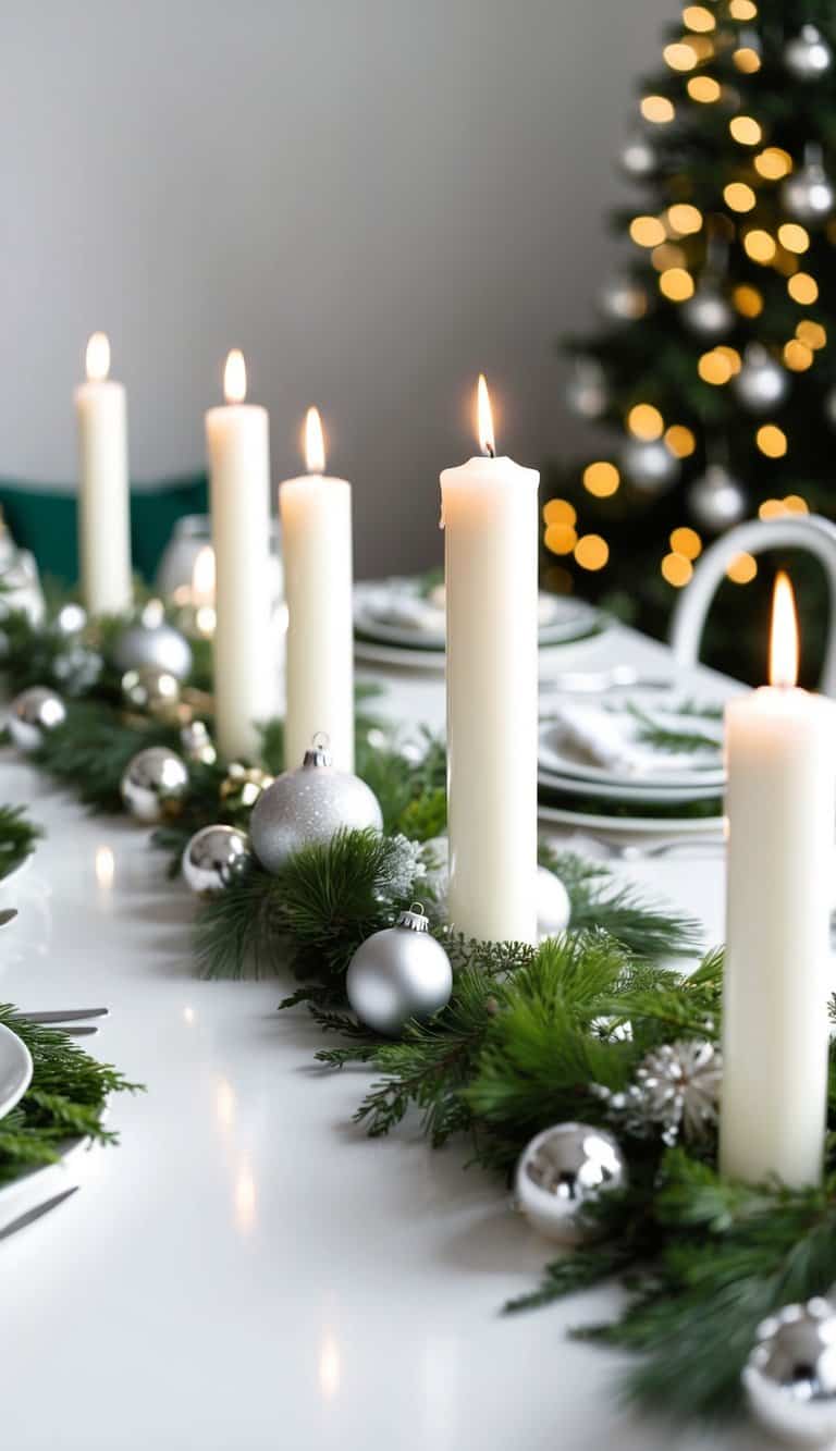 A white table adorned with simple, elegant Christmas decor, such as white candles, silver ornaments, and delicate greenery
