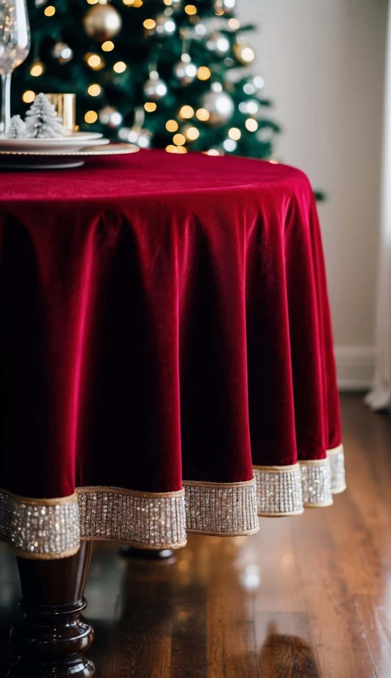 A rich red velvet tablecloth drapes elegantly over a polished wooden table, adorned with sparkling silver and gold Christmas decorations