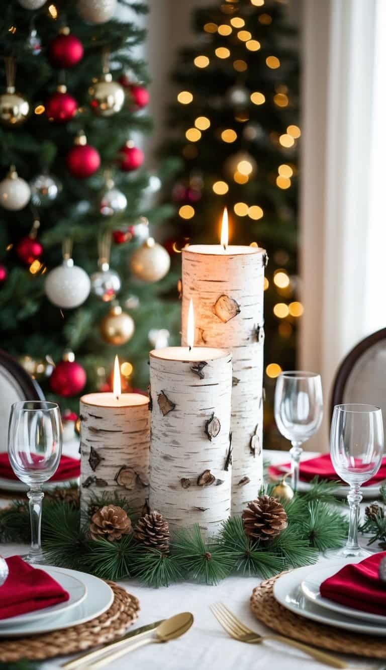 A festive table adorned with birch bark candles, surrounded by elegant Christmas decorations