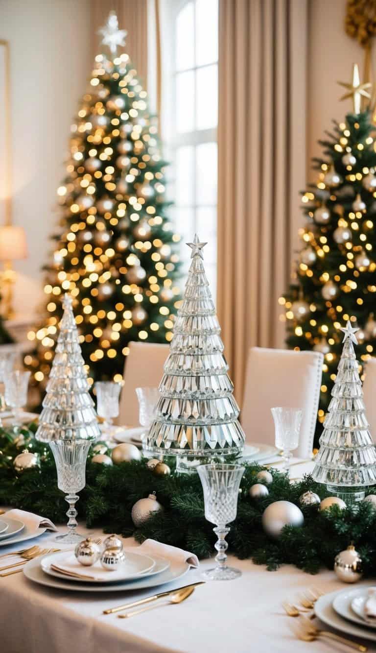 A grand dining table adorned with sparkling crystal Christmas trees and elegant holiday decor