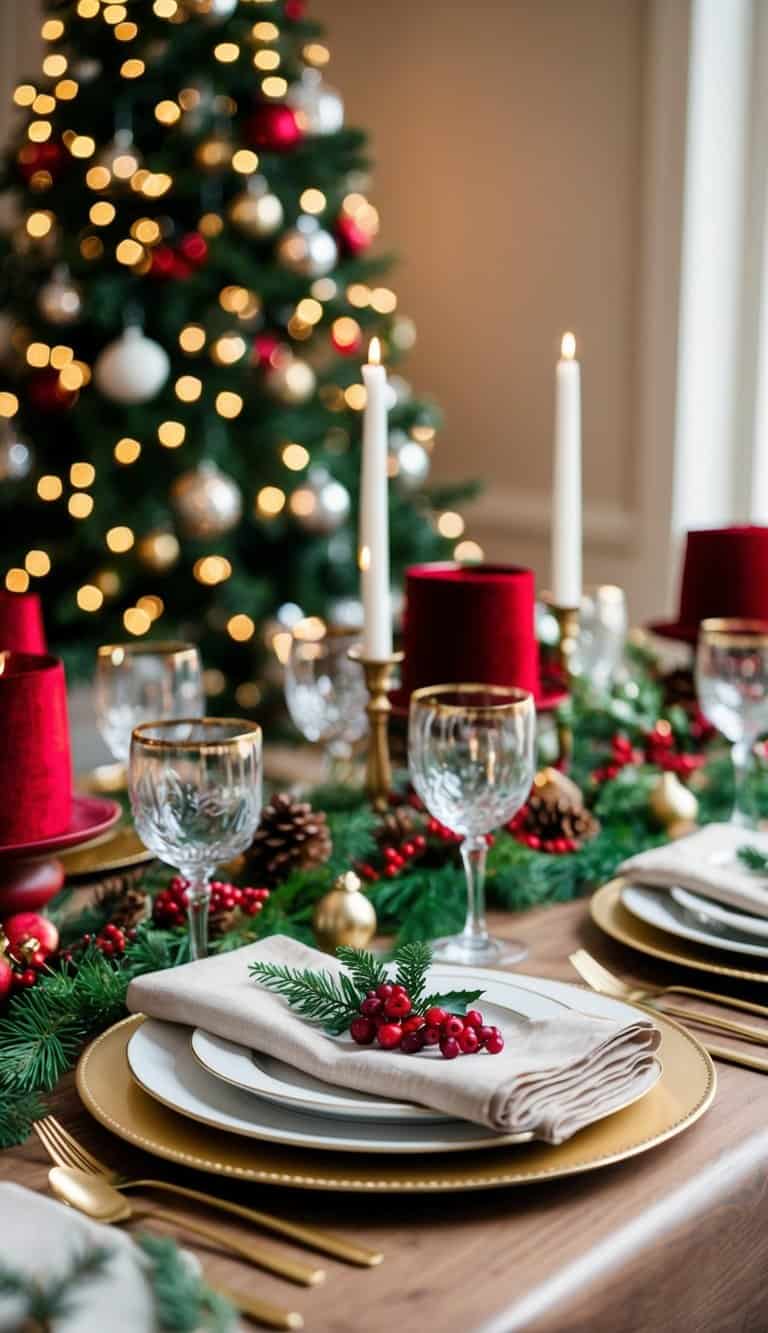 A festive table set with linen napkins, elegant dinnerware, and Christmas-themed decor