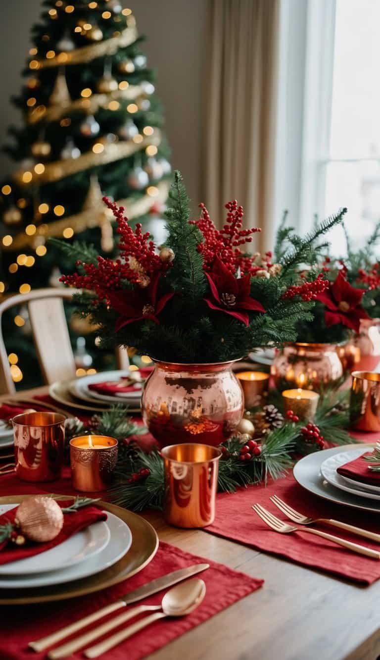 A festive table adorned with copper utensils and elegant Christmas decor