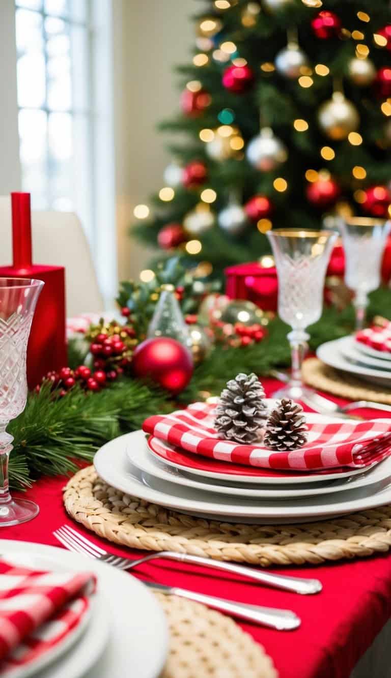 A festive table set with red and white checkerboard napkins, adorned with elegant Christmas decorations