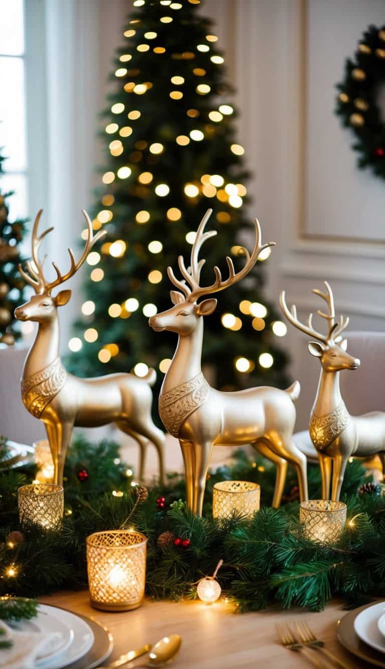 A festive table adorned with elegant reindeer sculptures, surrounded by twinkling lights and holiday greenery