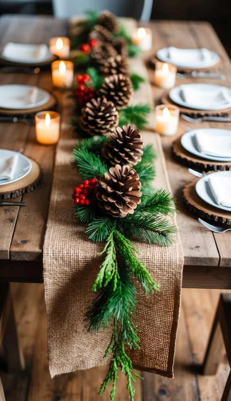 A rustic burlap table runner adorned with pinecones, red berries, and greenery, set on a wooden farmhouse table with flickering candlelight