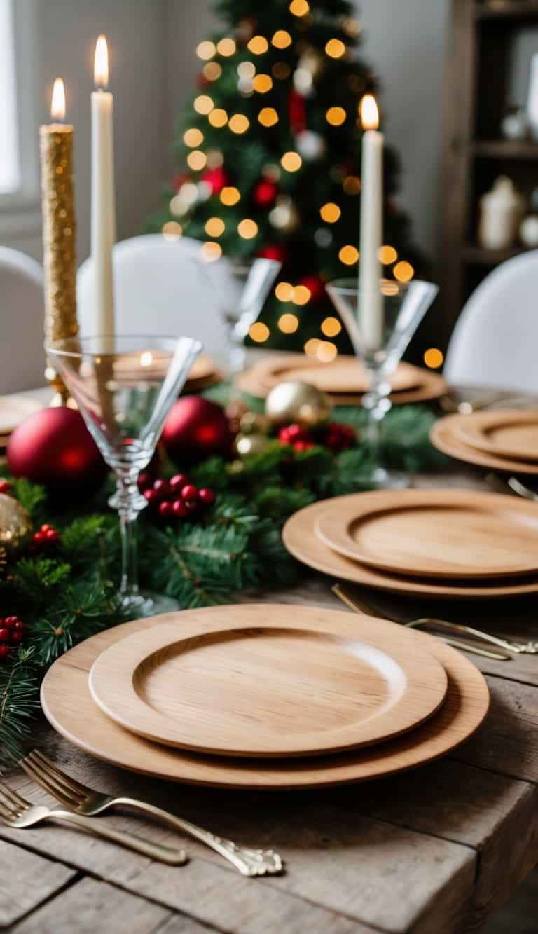 Wooden charger plates arranged on rustic table with festive Christmas decor