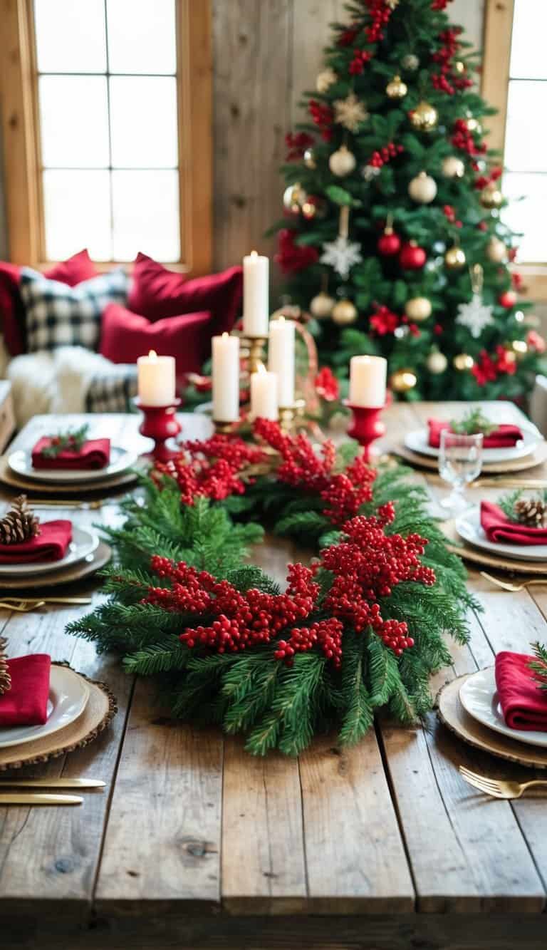 A rustic farmhouse table adorned with a red berry wreath centerpiece, surrounded by cozy Christmas decor