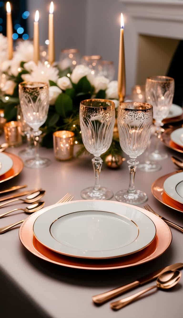 Elegant dinner table set with white and gold plates, crystal glasses, gold cutlery, and candles, with a floral centerpiece in the background.