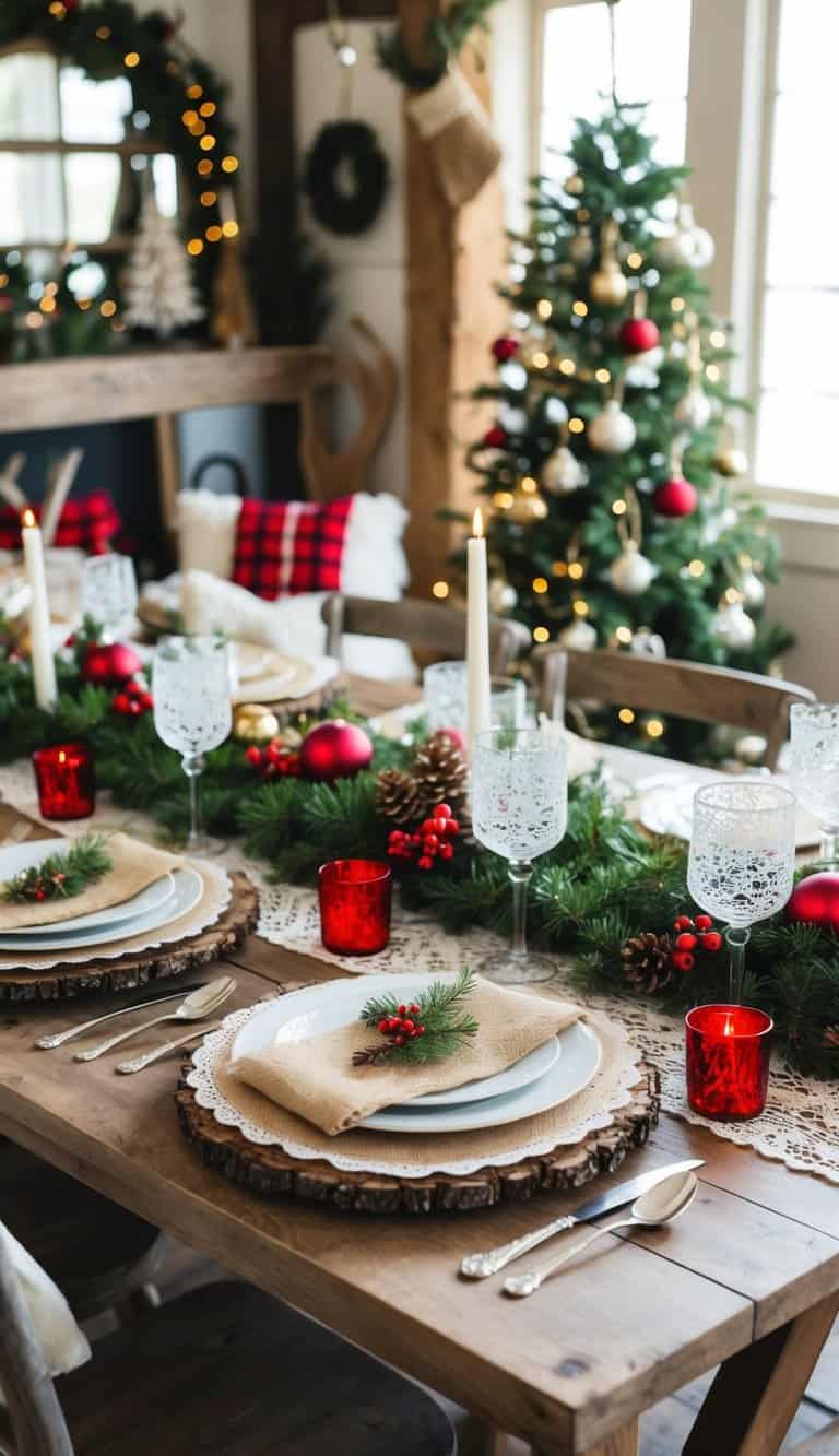 A rustic table adorned with burlap and lace settings, surrounded by festive Christmas decor in a farmhouse setting