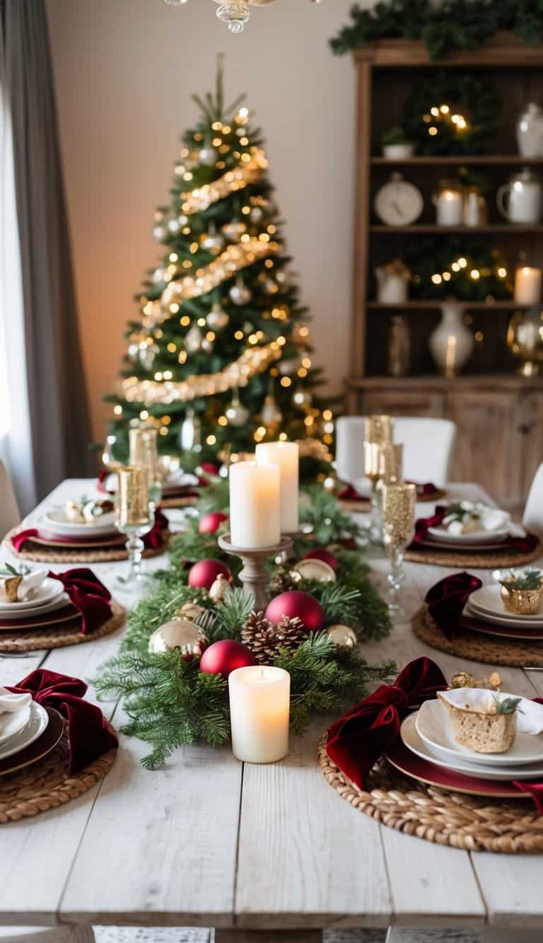 A rustic farmhouse table adorned with velvet ribbon table decorations, creating a cozy Christmas tablescape