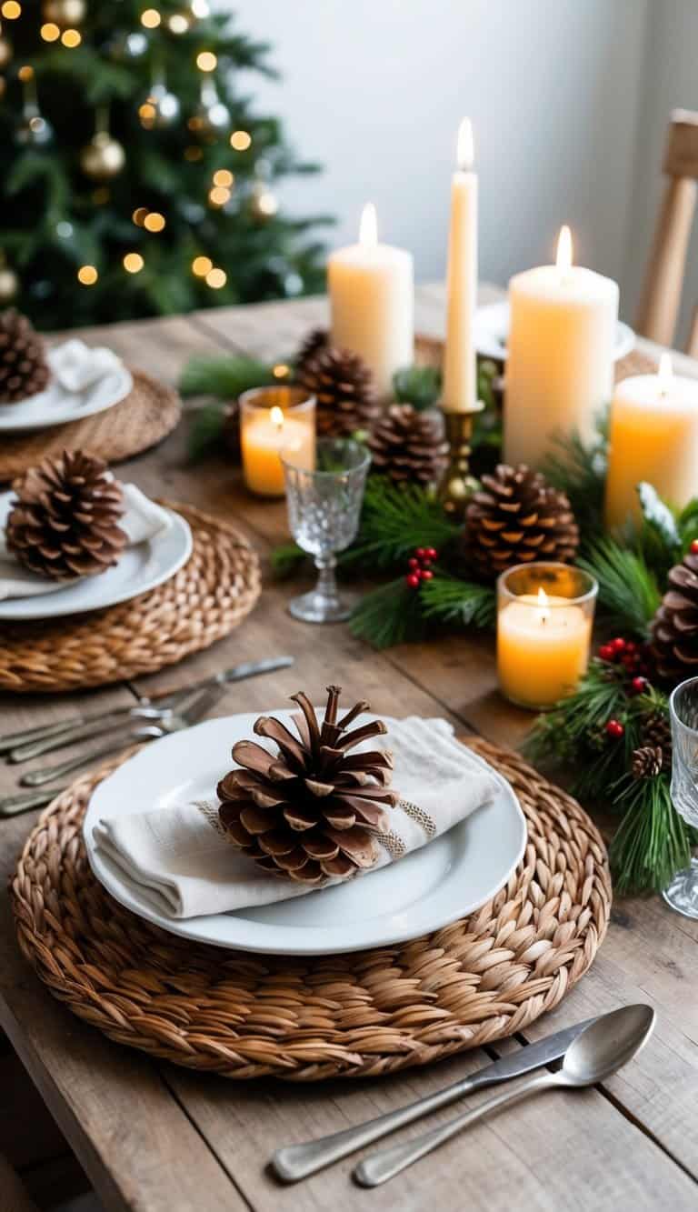 Woven wicker placemats set on a rustic table, adorned with pinecones, candles, and festive greenery for a farmhouse Christmas tablescape