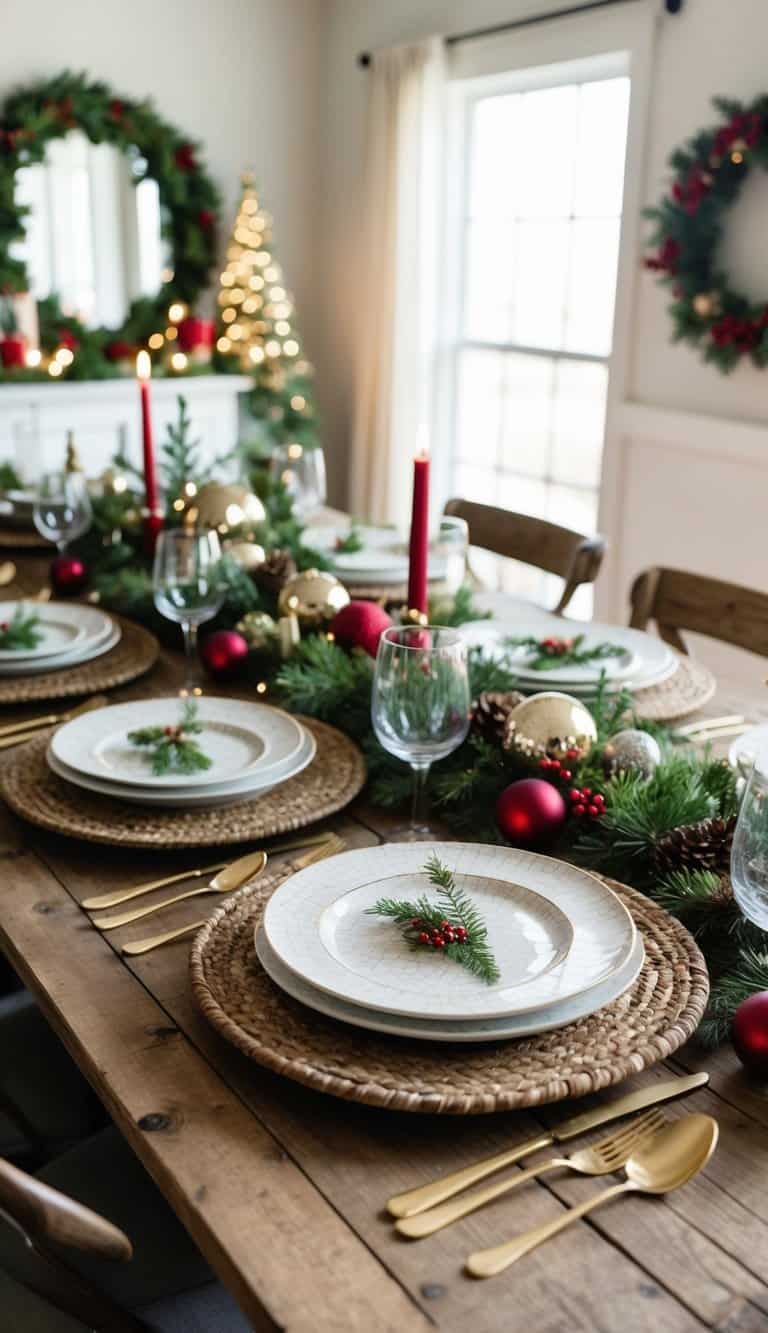 A rustic farmhouse table set with crackle finish dinner plates, adorned with Christmas decor and surrounded by 50 festive tablescapes