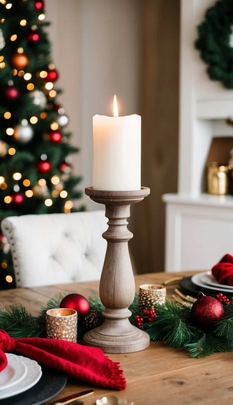 A rustic wooden candlestick stands on a festive Christmas table, surrounded by farmhouse decor