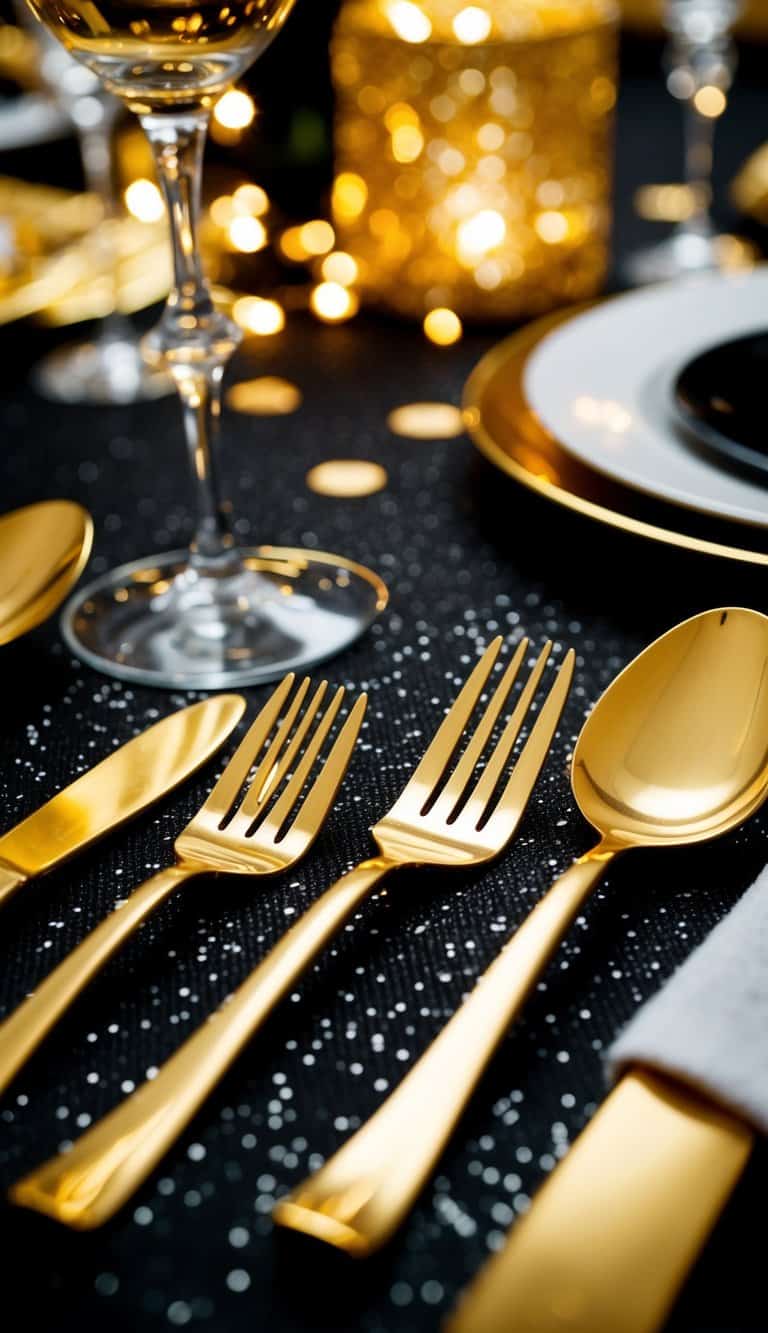 Golden cutlery glistens on a black and gold New Year's Eve tablescape, sparkling with elegance and luxury
