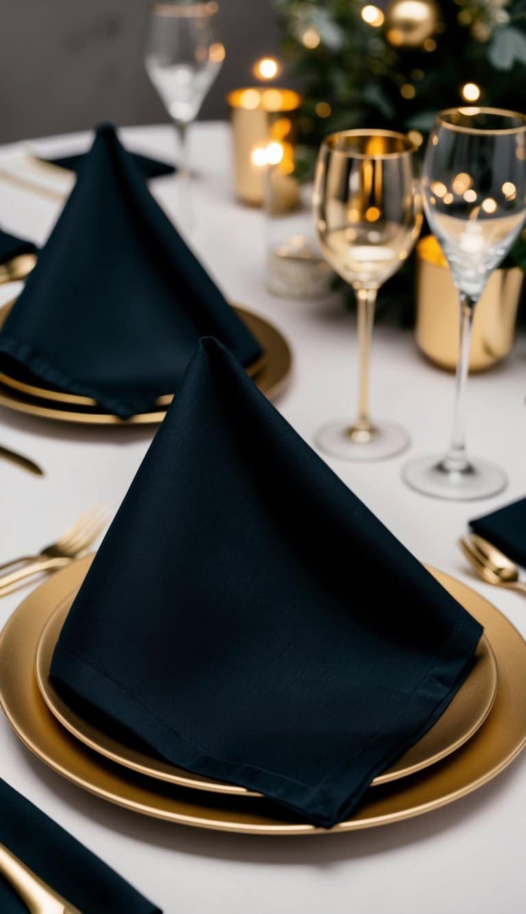 Midnight black napkins folded on elegant tables with gold accents, creating a sophisticated New Year's Eve ambiance