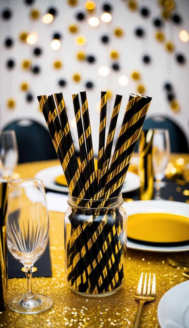 Black and gold striped straws arranged on a festive New Year's Eve table