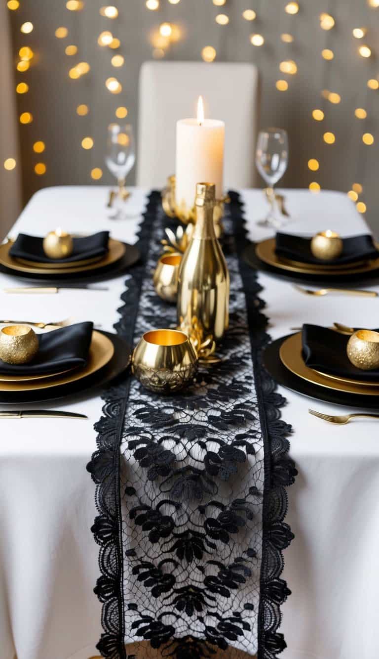 A black lace table runner adorns a table set with 50 black and gold New Year's Eve decor ideas