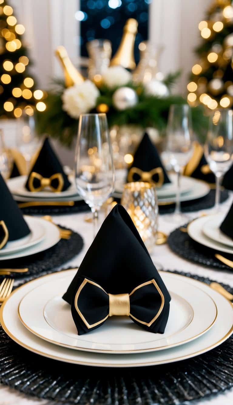 Black and gold bow tie napkin folds arranged on a New Year's Eve tablescape with elegant decor and festive ambiance