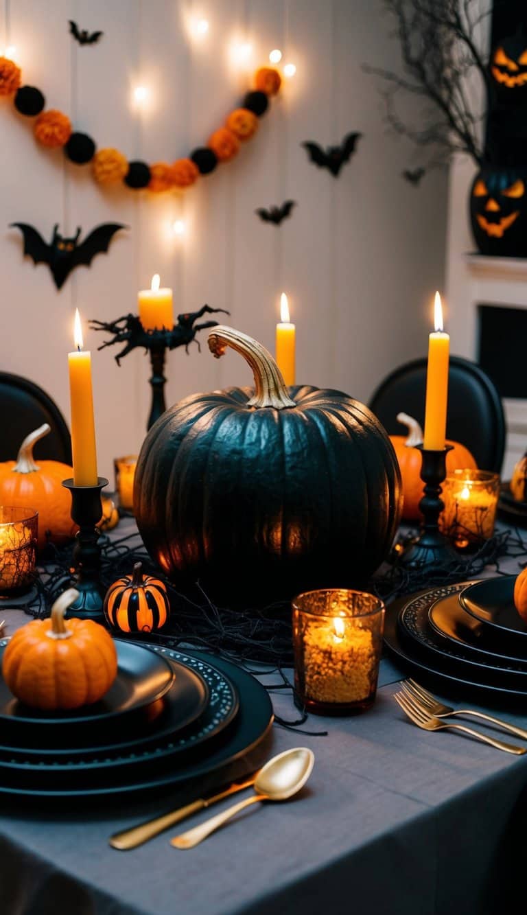 A Halloween-themed table setting with black and orange pumpkins, lit candles, gold utensils, and bat decorations on the wall in the background.