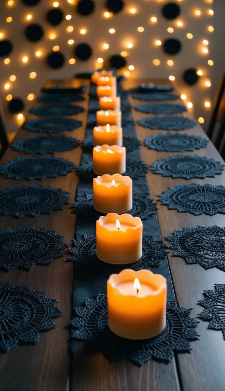 Black lace doilies cover a long, dark wooden table adorned with Halloween-themed decorations and flickering candles