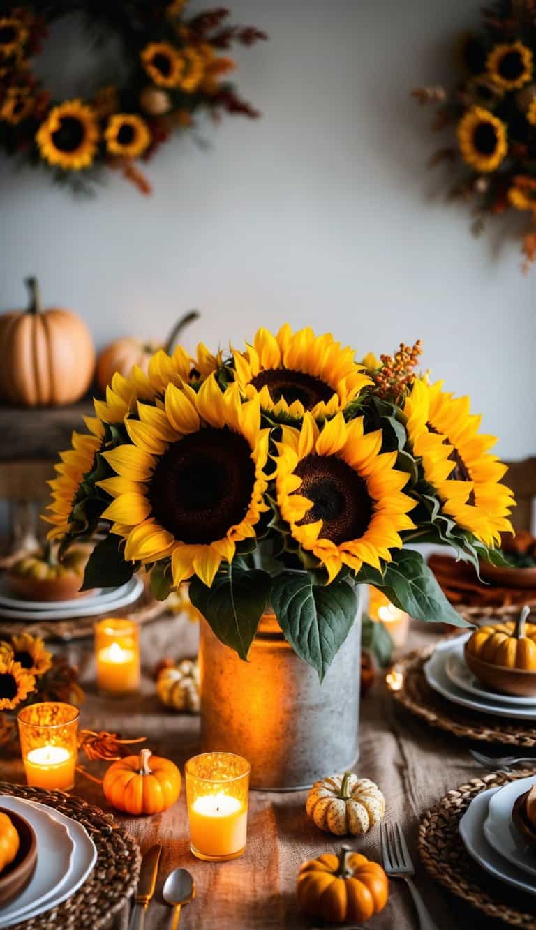 A vibrant sunflower bouquet sits as the centerpiece on a rustic Thanksgiving table, surrounded by harvest-inspired decor and warm candlelight