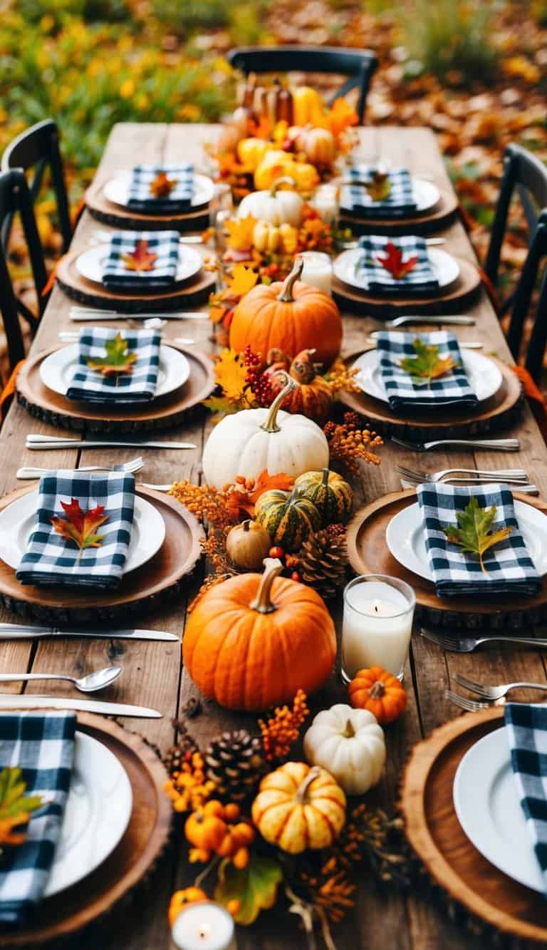 A rustic wooden table adorned with plaid napkins, surrounded by autumn foliage and harvest-inspired decor for Thanksgiving tablescape