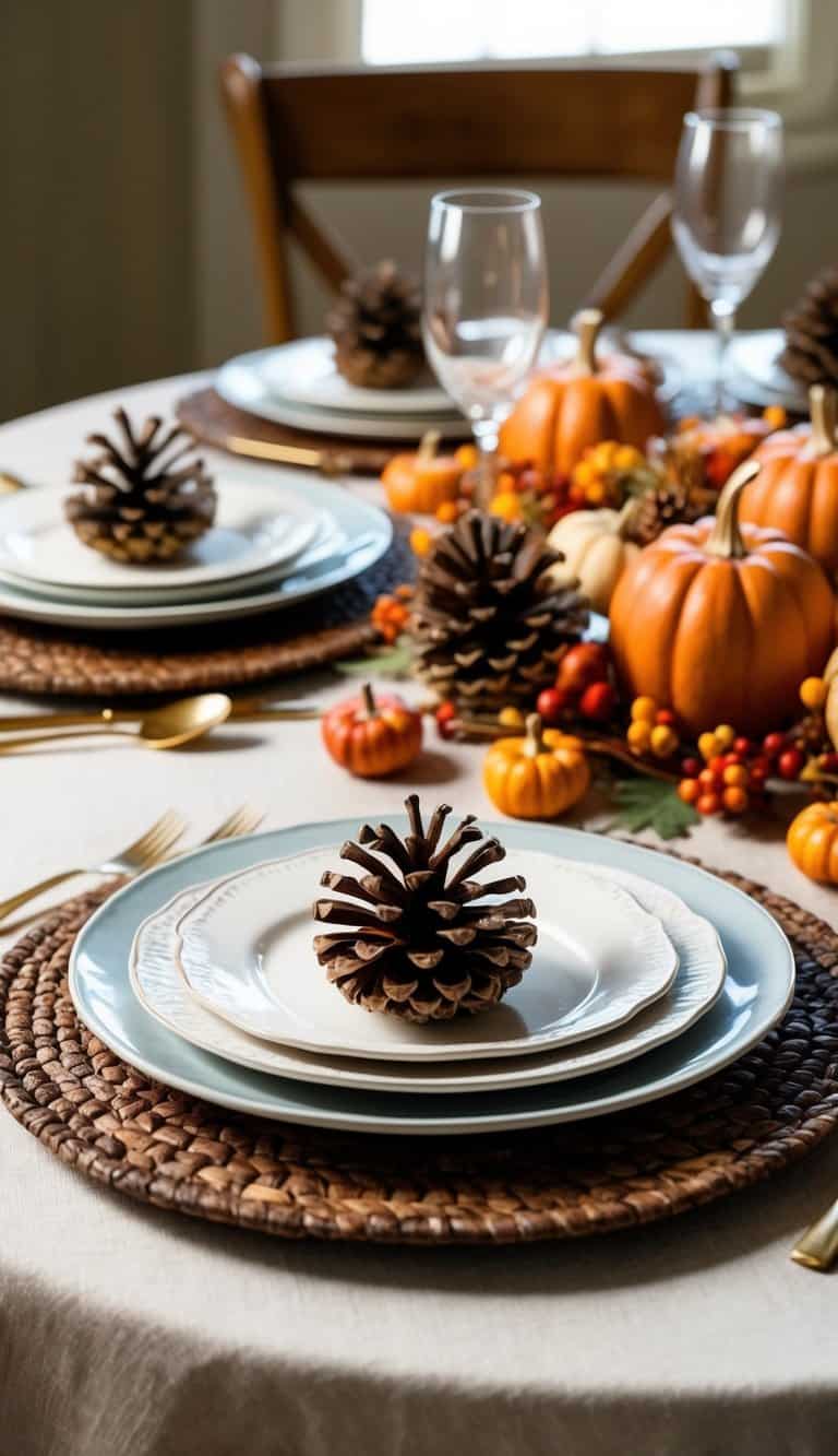A rustic Thanksgiving table set with pinecone napkin rings and autumn decor