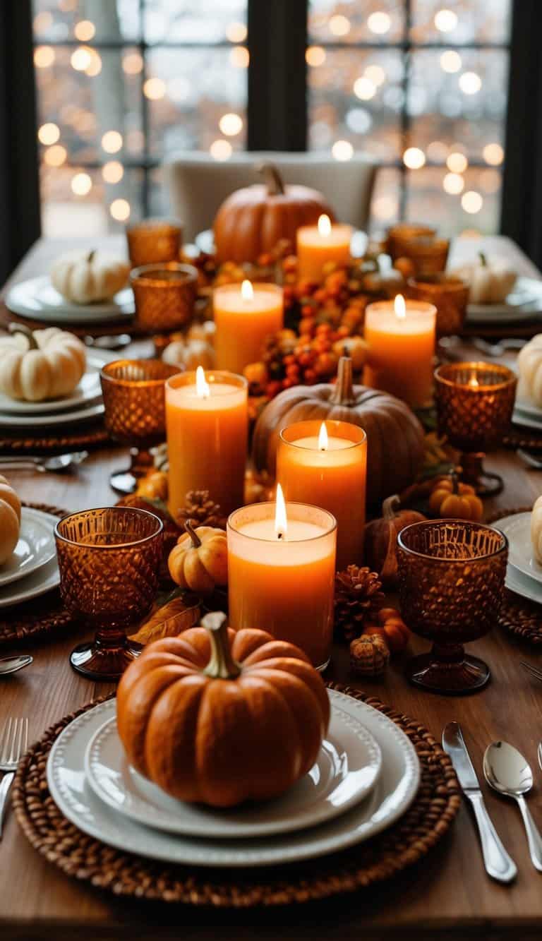 A cozy Thanksgiving table adorned with warm spice scented candles, surrounded by harvest-inspired decor and table settings