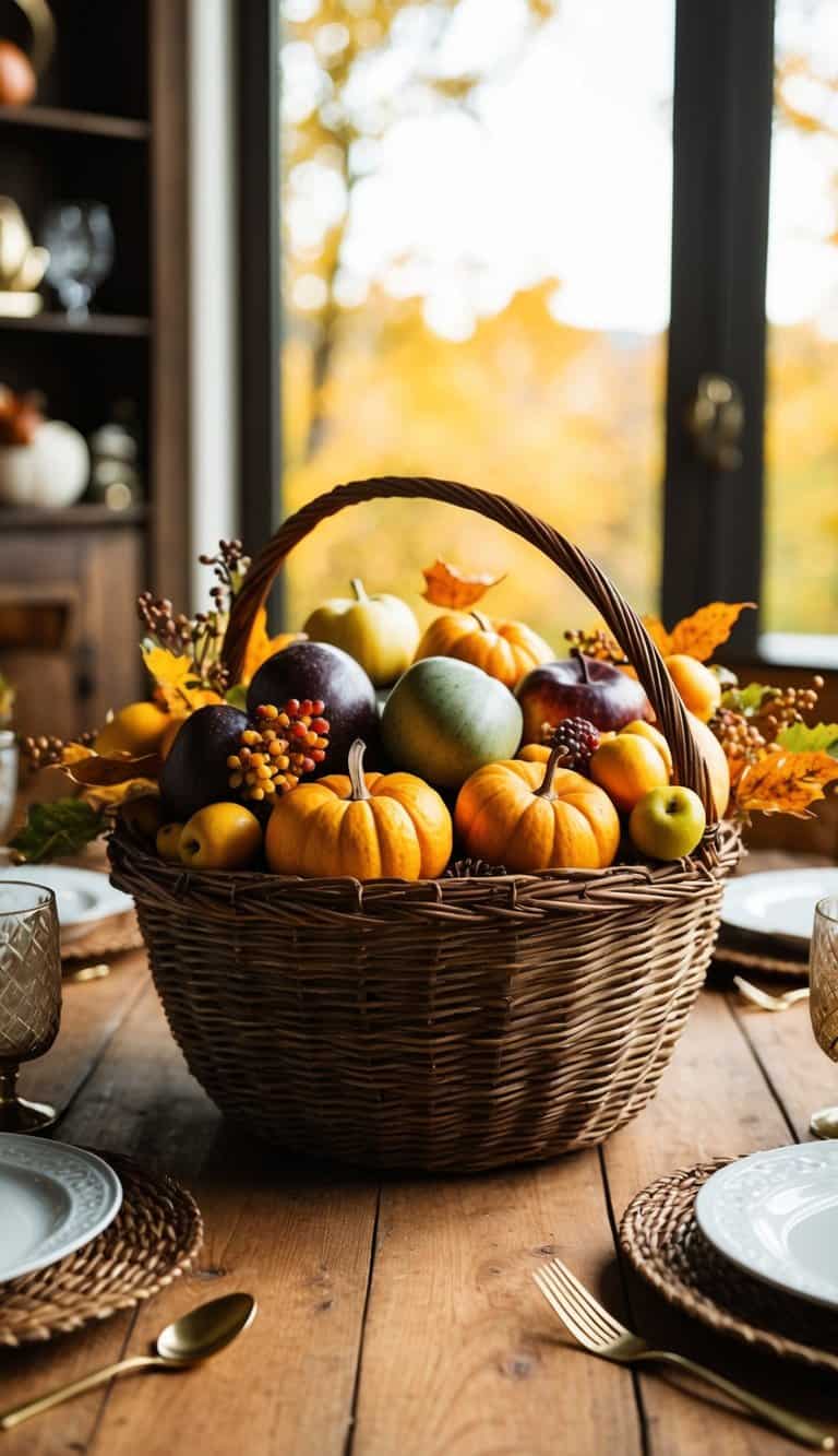A woven basket centerpiece filled with autumn fruits and foliage sits on a rustic Thanksgiving table