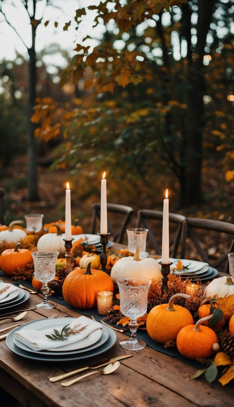 A rustic wooden table adorned with autumn foliage, pumpkins, candles, and elegant tableware