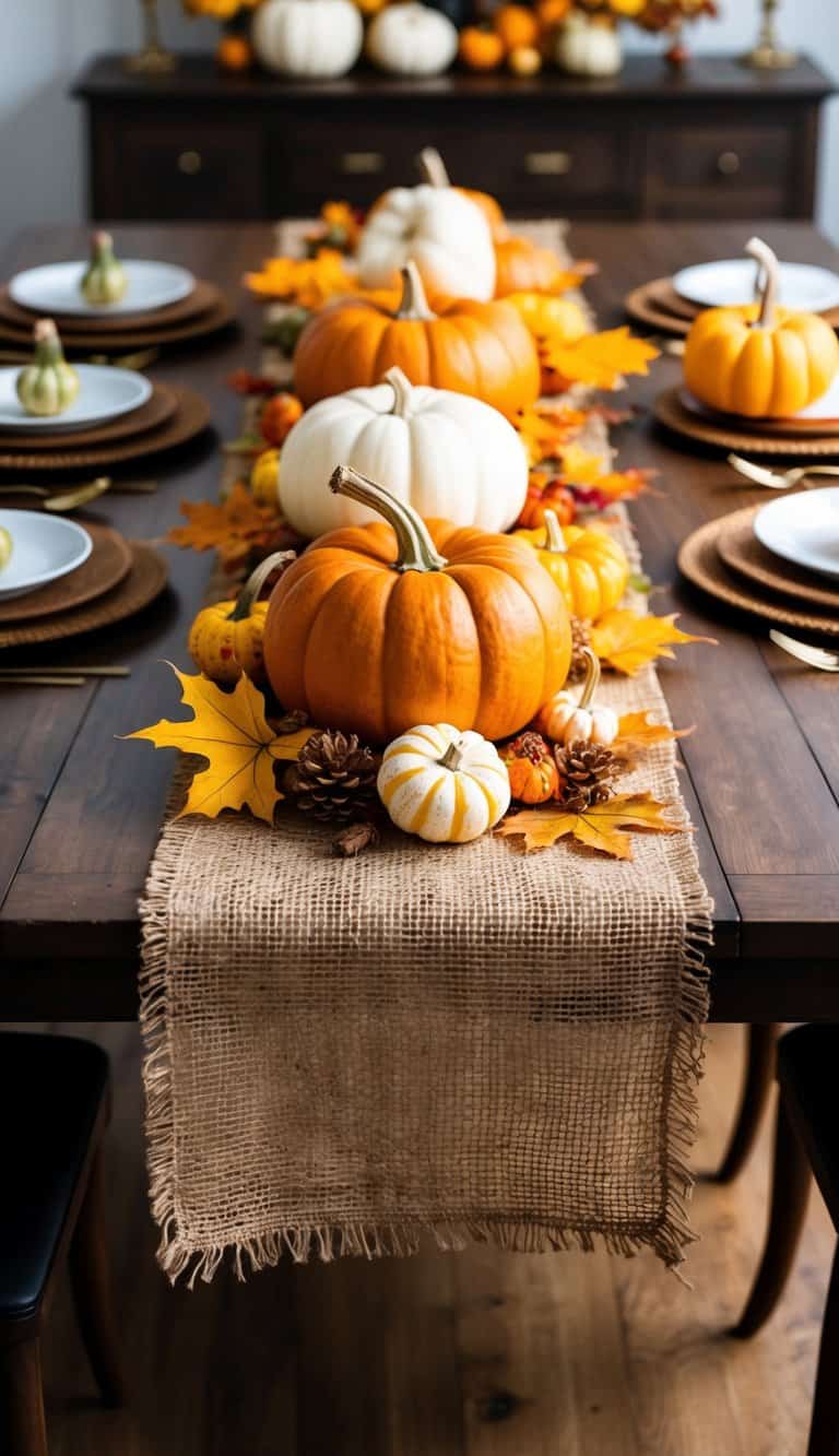 A rustic hessian fabric runner adorned with autumn leaves, pumpkins, and gourds, set against a backdrop of a bountiful Thanksgiving tablescape